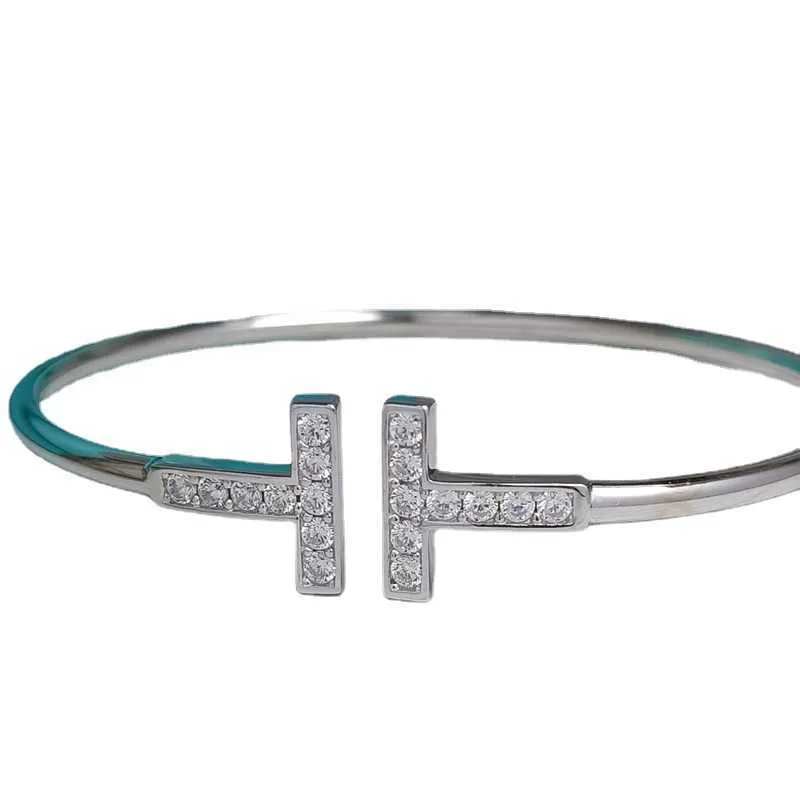 Bracelet TFF Double T de marque originale plaqué avec or 18 carats haute édition diamant incrusté de lumière de luxe de qualité de tempérament boucle ouverte élastique
