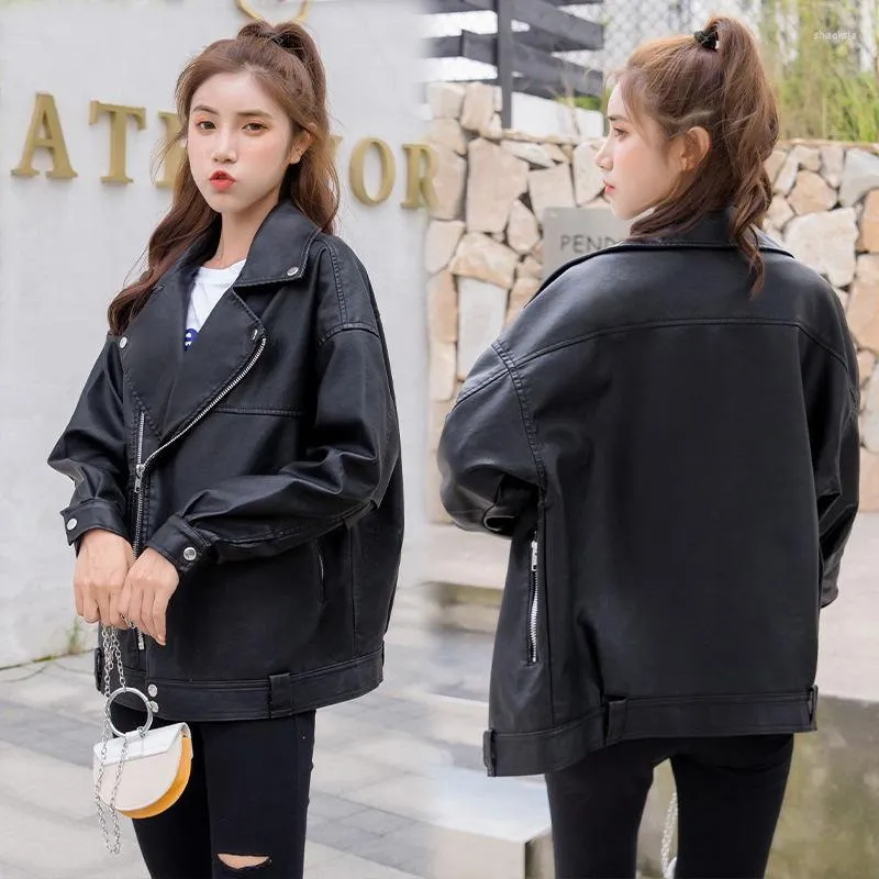 Women's Leather Autumn Winter 2023 Coat Korean version av Washed Pu Jacka Women Short Slim Motorcykel