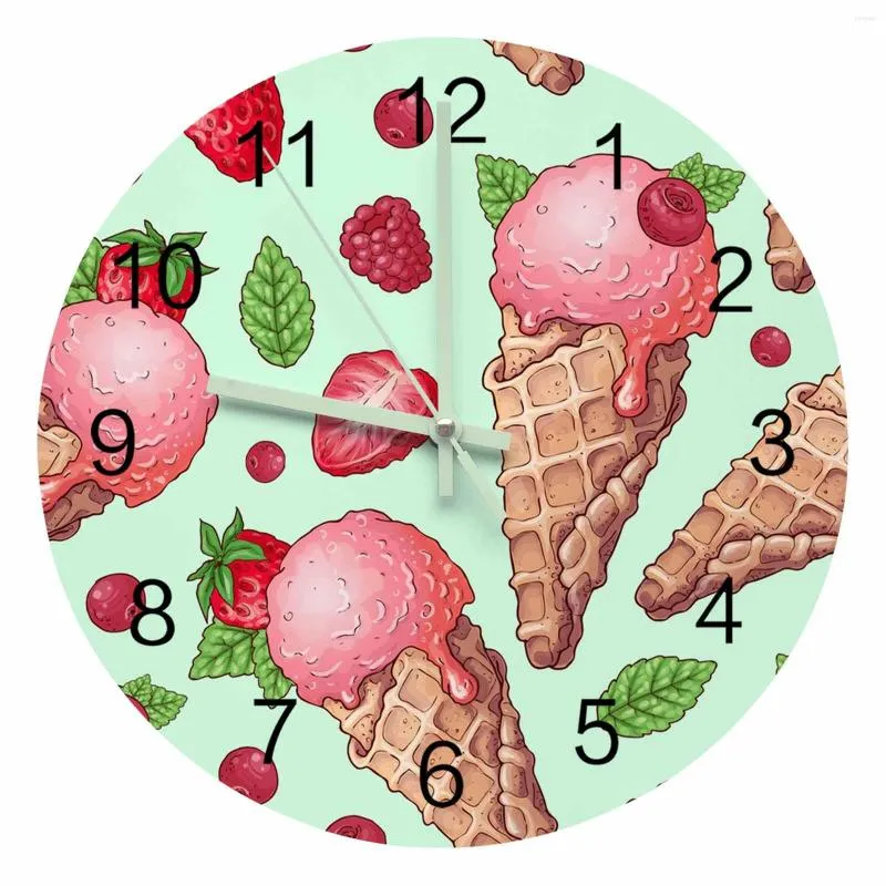 Horloges murales été crème glacée fruits fraise pointeur lumineux horloge maison ornements rond silencieux salon bureau décor