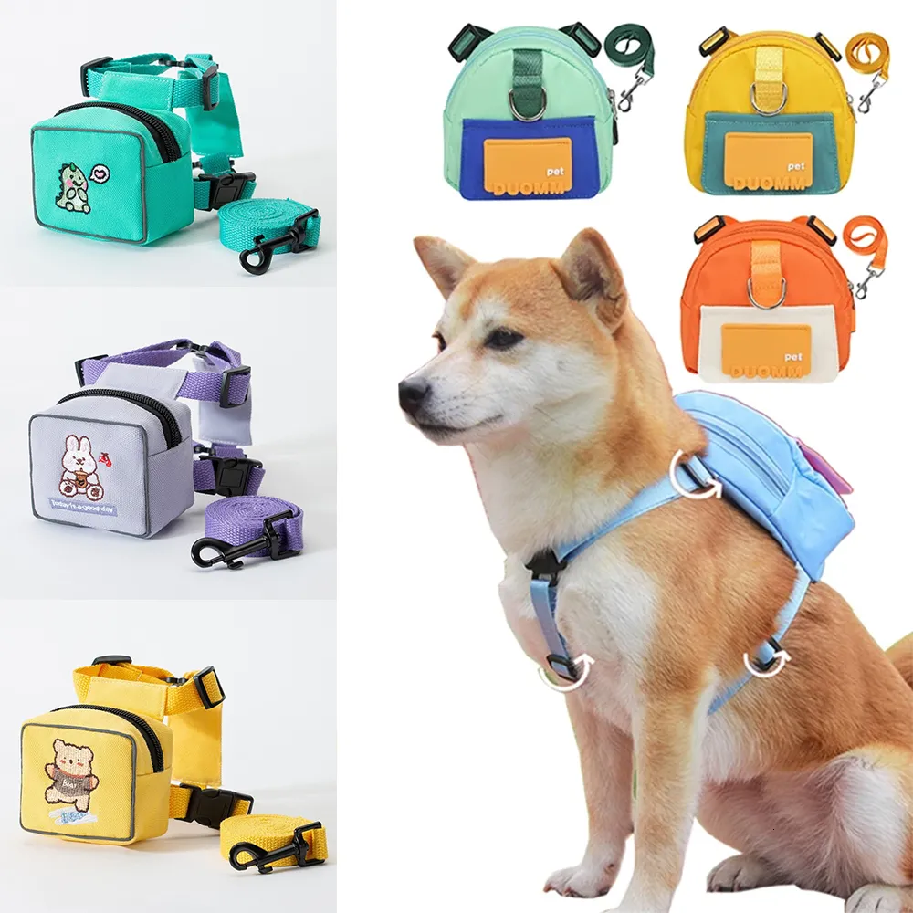 Dog Collars Leashes Pet Backpack for Dogs Puppy Bag with Harness Collar Pet Harness with Leash Set Pet Snack Bag for Small Large Pet Outdoor Travel 230719