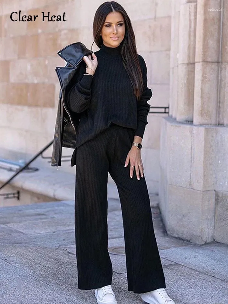 Women's Two Piece Pants Casual Semi-turtleneck Sweater Pant Suit Lady Soft Loose Long Sleeve Black Thread Set 2023 Fashion Street Style