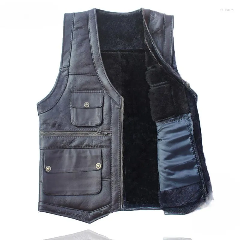 Hommes gilets 2023 automne hiver hommes mode en peau de mouton en cuir Gilet manteaux mâle col en v gilet hommes chaud polaire sans manches vestes D343