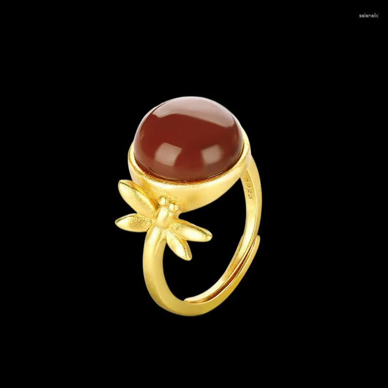 Cluster Rings Red Jade Women 925 Silver Real Carved Fashion Gifts Talismans Jewelry Luxury Ring Adjustable Ring Gemstones