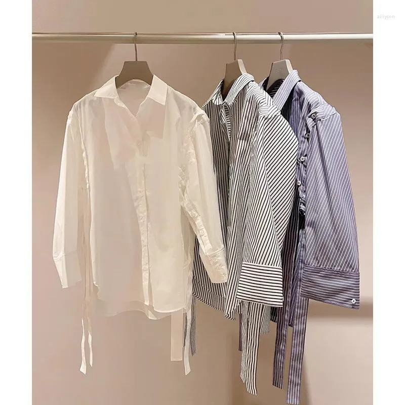 Damesblouses Kuzuwata Japanse Two-wear Afneembare mouw Lint Shirts Streep Effen Kleur Lange Blusas 2023 Lente Ontwerp Casual Blouse