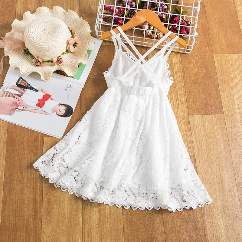 2023 New Young Girls White Sling Dress Kids Backless Sleeveless Flower Lace Embroidery Wedding Party Robe Princess Clothes 3-8Y