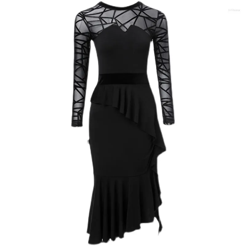 Podiumkleding Zwart Latin-dansrok Sexy mesh-jurk met lange mouwen voor wedstrijdoefeningen voor dames Tango Rumba-uitvoeringskostuum