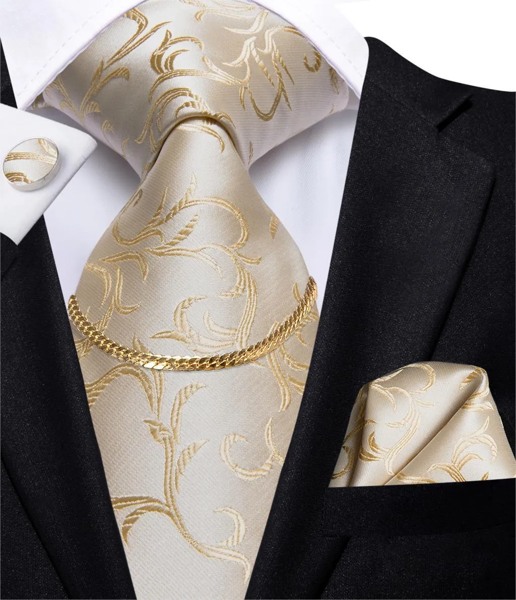 Krawatten Hi-Tie 8,5 cm Herrenkrawatte Beige Weiß Floral 100 % Seide Handky Manschettenknöpfe Set Krawatten für Männer Luxushochzeit Hohe Qualität 230719