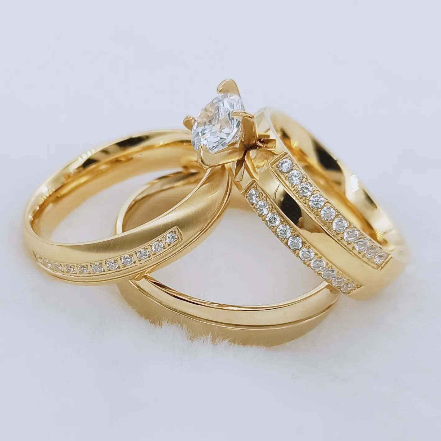 Anelli a fascia 3 pezzi Set di fedi nuziali per donna Uomo Love Alliance Cz Diamante Fidanzamento Matrimonio Gioielli Fedi Nuziali Placcato oro 18 carati 230718