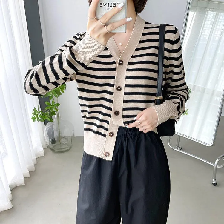 Women's Sweaters Streetwear Striped Knit Beige Color Women Sweater Cardigan Spring Fall Buttons Casual Lady Crop Tops Clothes