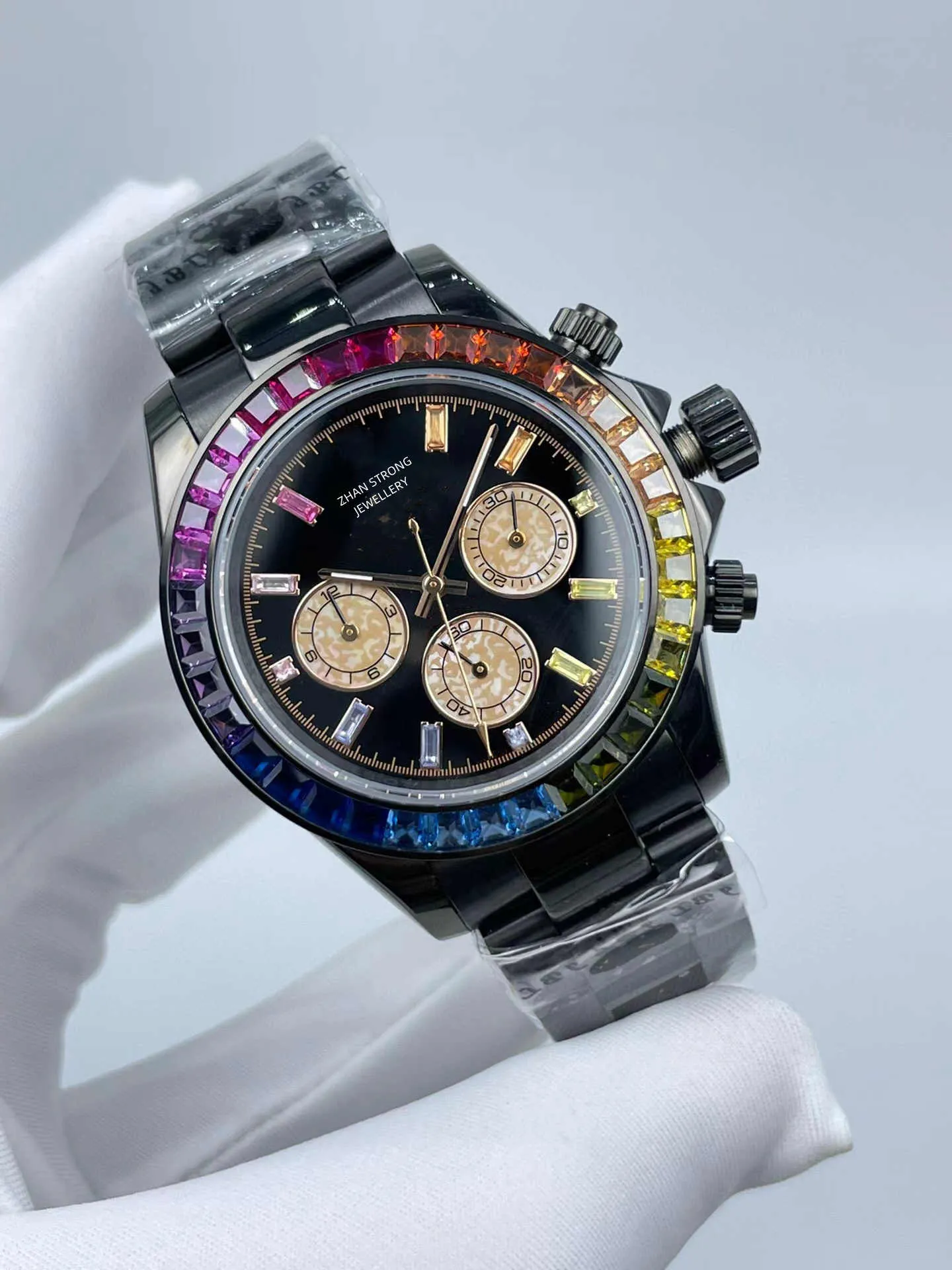 Bracelet en acier inoxydable noir montres pour hommes mouvement mécanique automatique lunette en diamant coloré 40mm hommes montre-bracelet sport classique étanche homme montres-bracelets