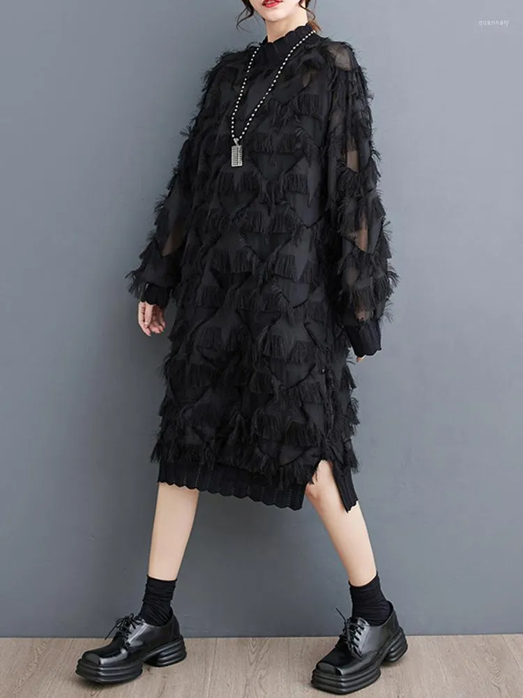 Robes décontractées 2023 printemps automne à manches longues col montant noir Vintage pour les femmes robe Midi ample mode vêtements élégants