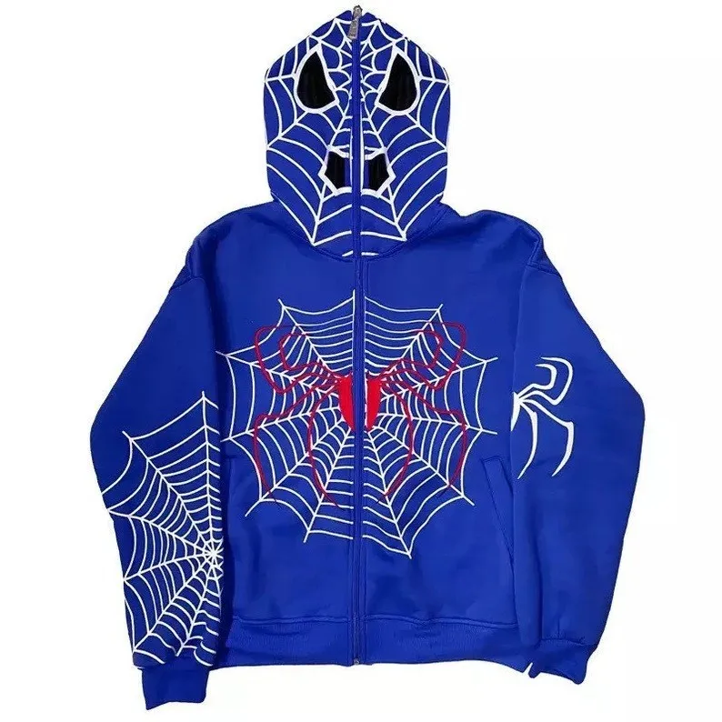 Unisex Street Hoodie Spider Web Red Zipper Hoodie Grunge Plus Size Sweat Jacket