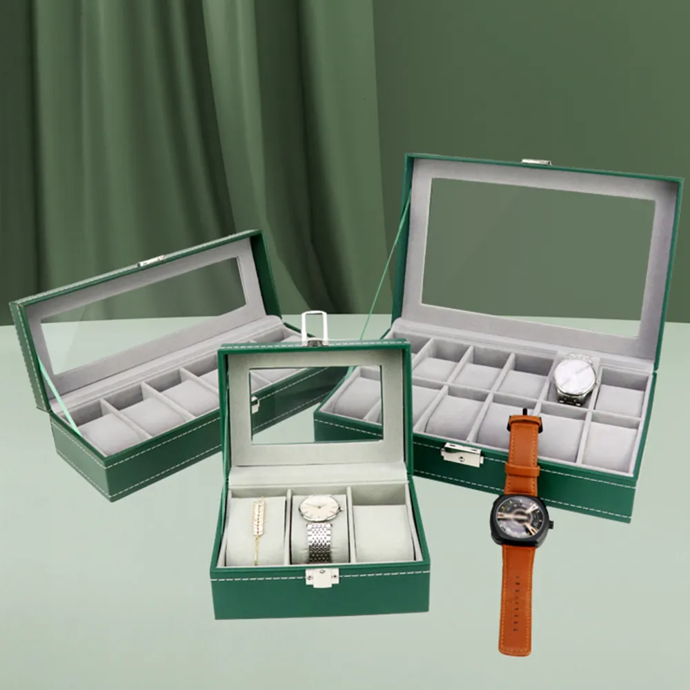 Watch Boxes Cases Elegante groene leren horlogekast met glazen deksel premium 3/6/12 fruitautomaat-organizer en heren- en dameshorloge-displaybox 230718