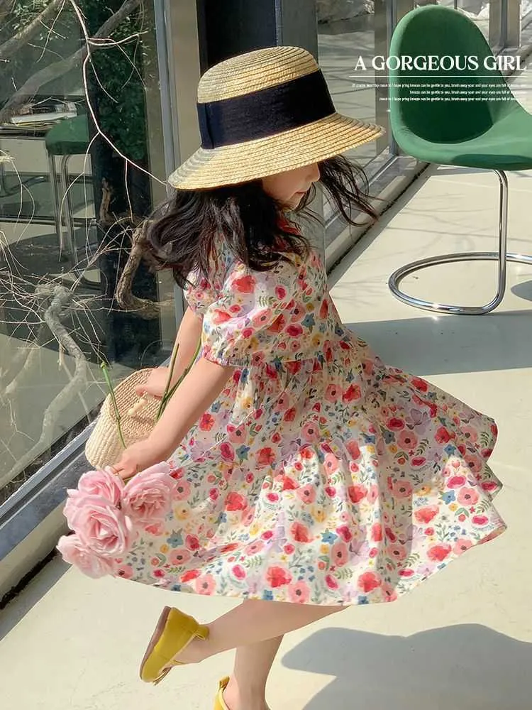 女の子のドレスガールドレス新しい子供用服の夏の新しいコットンビーチカウボーイステッチパターンガールドレス3-7Y R230719