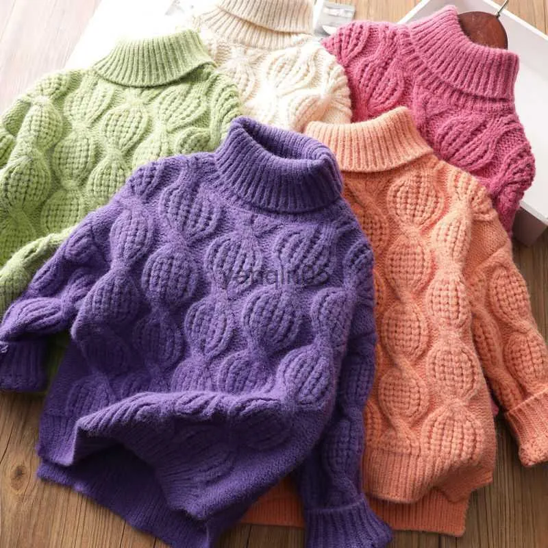 Pullover Baby Girls Turtleneck Sweaters Kid Solid Color Sweater Winter Knitted Tops Thicken Warm Pullover Children's Clothes Korean Style HKD230719