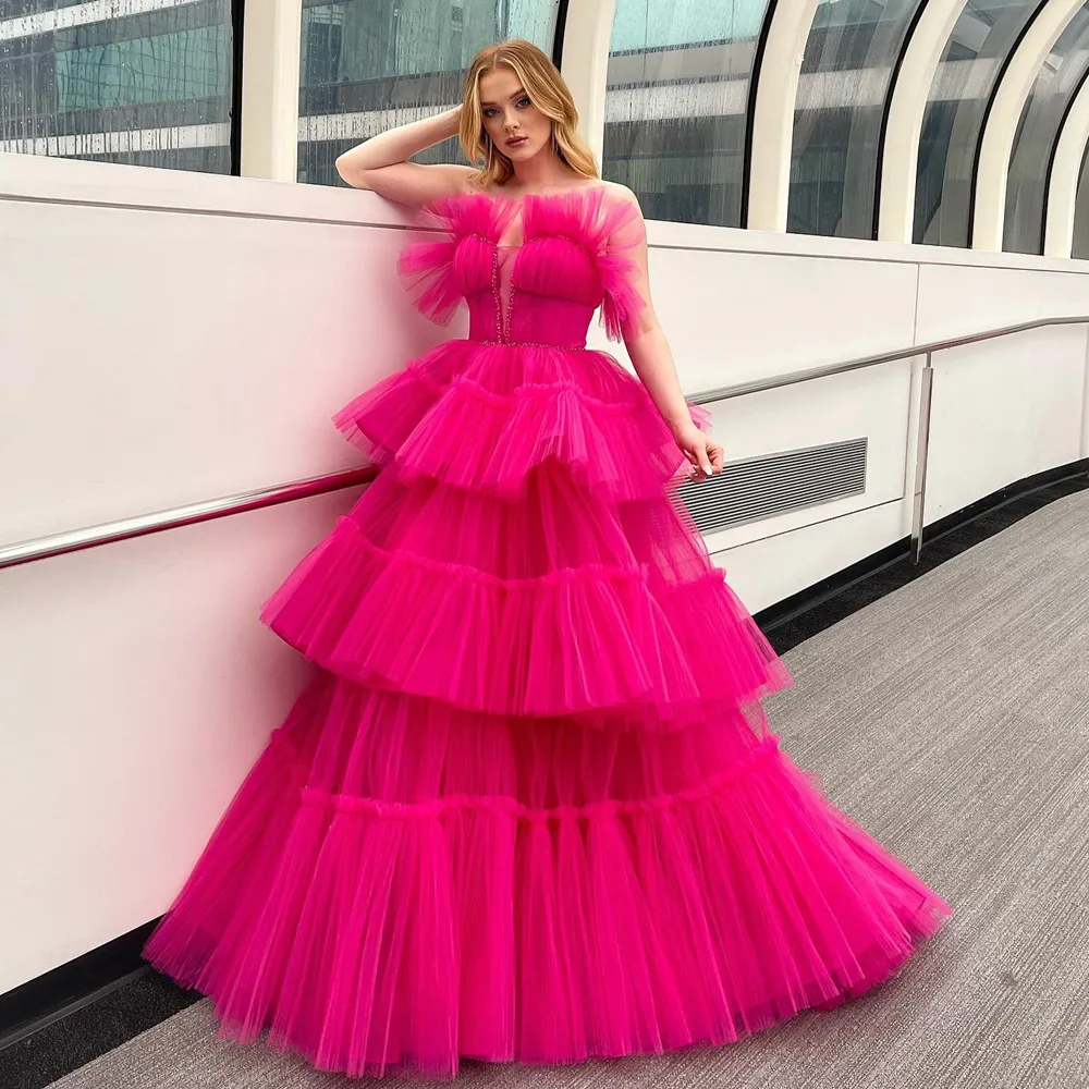 Hot Pink Tiere Ball Gown Prom Dresses Sweetheart Beaded Ruffles Layered Celebrity Dress Multilayered Fuchsia Tulle vestidos de noche