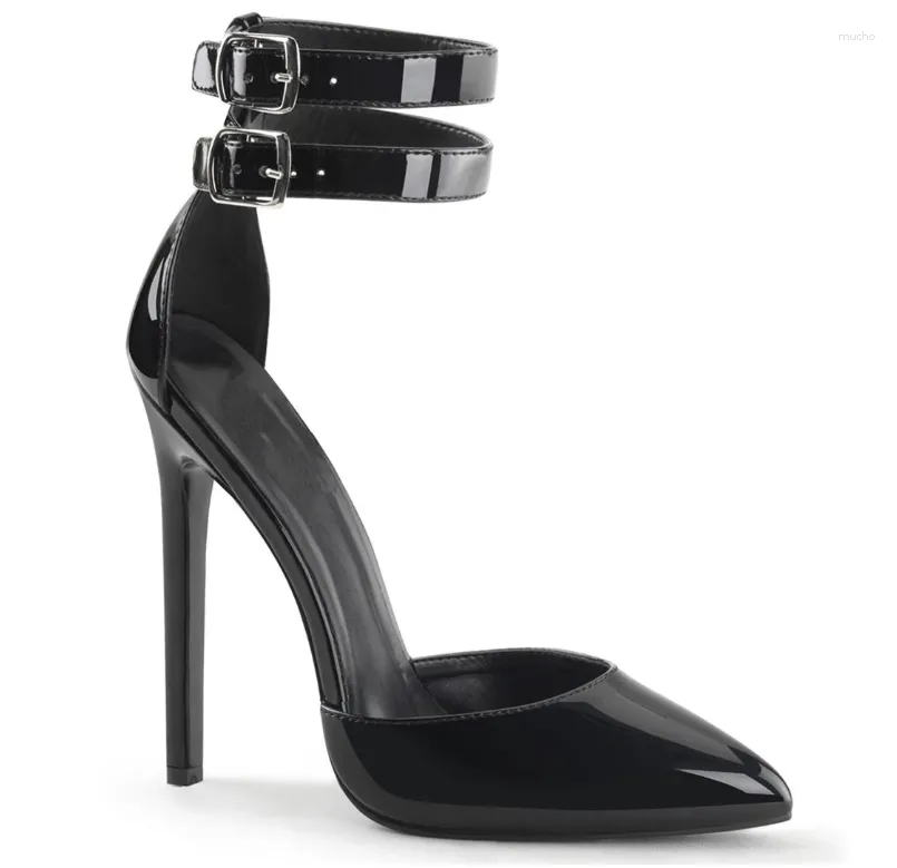 Klädskor patentläder spetsigt tå stilett höga klackar sexiga vackra svarta eleganta dubbla bältesmodell catwalk