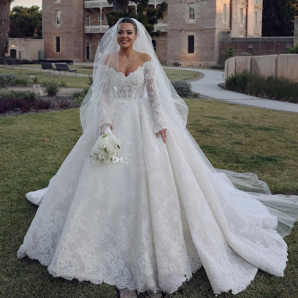 Off-Shoulder Lace sparkly ballgown wedding dress with Beaded Detailing and Long Sleeves - Elegant Princess Bride G G Off-Shoulder Lace sparkly ballgown wedding dress with Beaded Detailing and Long Sleeves - Elegant Princess Bride G G