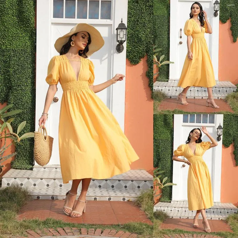 Vestidos de fiesta amarillo cuello en V mangas abullonadas graduación cintura elástica vacaciones Vestidos Elegantes Para Mujer ocio noche encantadora