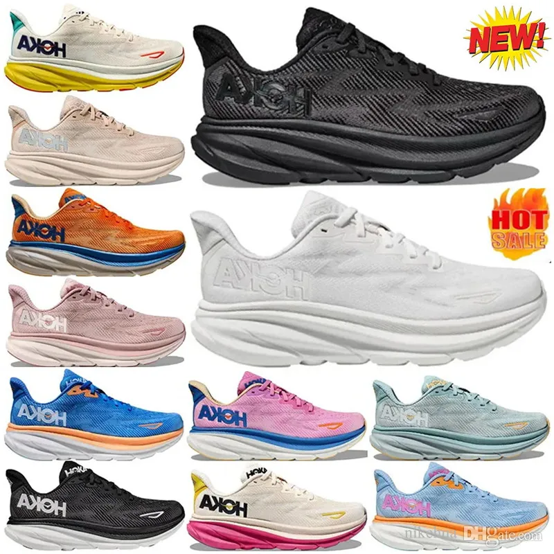 Koşu Ayakkabıları Hoka Clifton 9 Havadar Mavi Üçlü Siyah Beyaz Canlı Turuncu Kıyı Gökyüzü Erkek Nefes Allable Rahat All Maç Düz Jogging Womens Hafif Sneakers