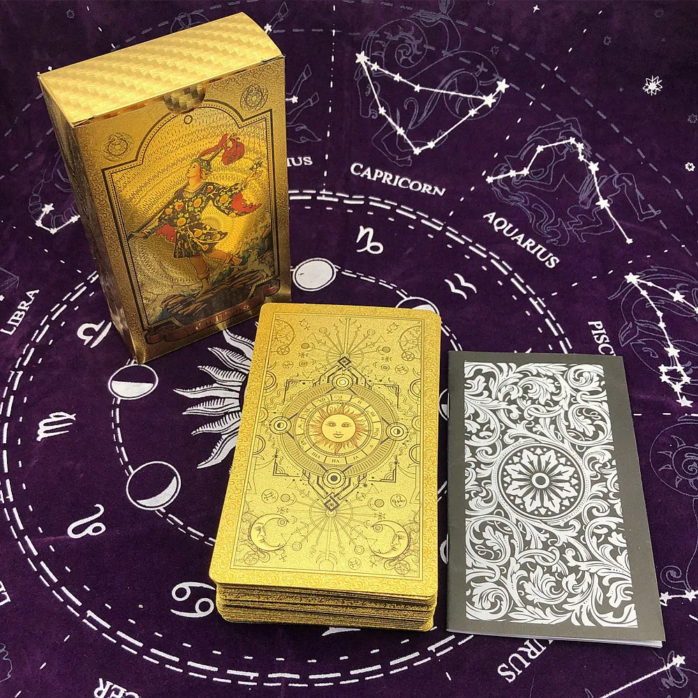 Jeux de plein air Activités 1 Deck Cartes de tarot en or Feuille de plastique Accueil Jeu de société Cadeau Astrologie 78 Cartes L702 230718