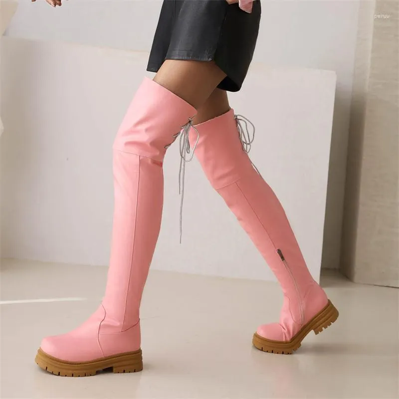 Boots YMECHIC 2023 Over Knee High Back Cross-tied Winter Punk Brand Snow Long Botas Flats Shoes Women Black Pink White Size