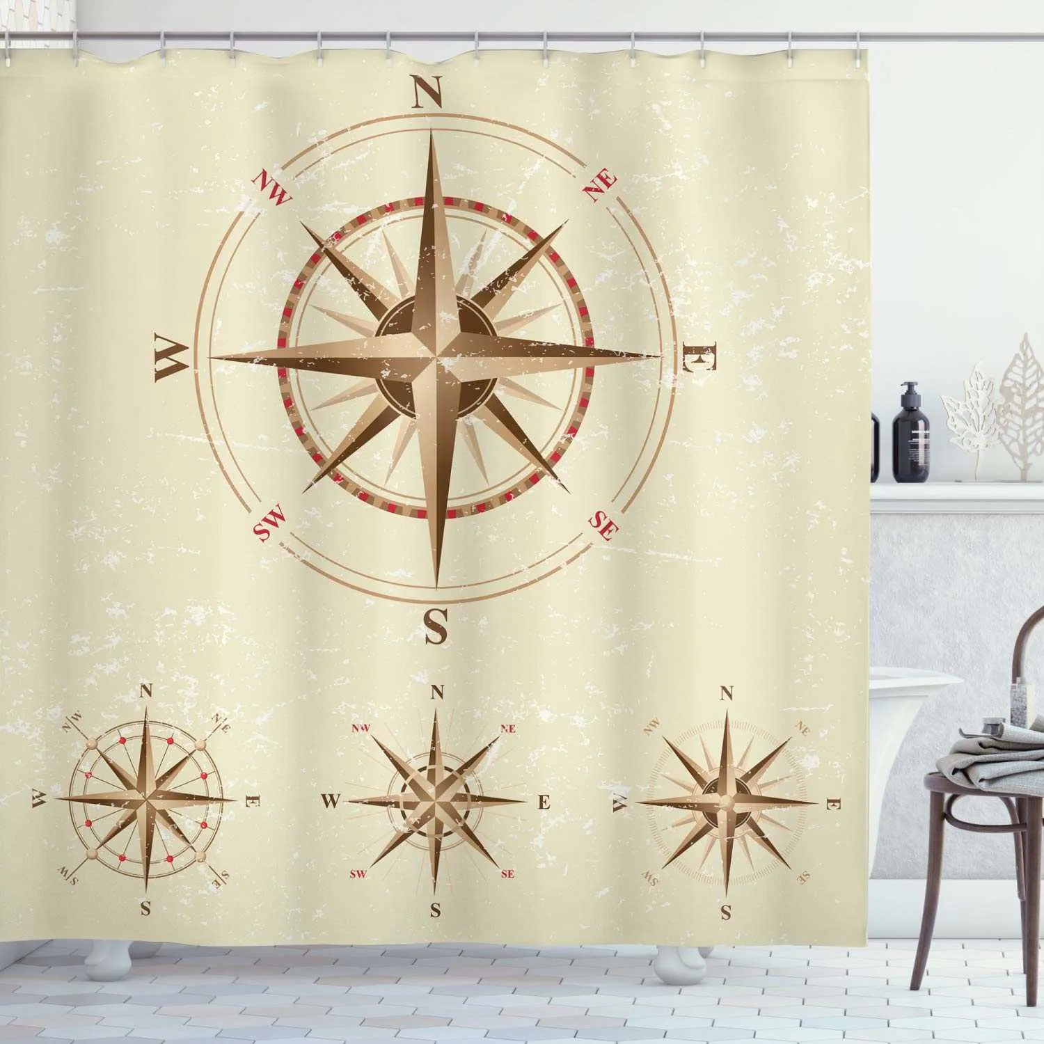 Rideau de douche nautique, thème Yacht de la vie marine, toile de fond en bois coloré, boussole de gouvernail, Image marine, ensemble de décoration de salle de bains en tissu