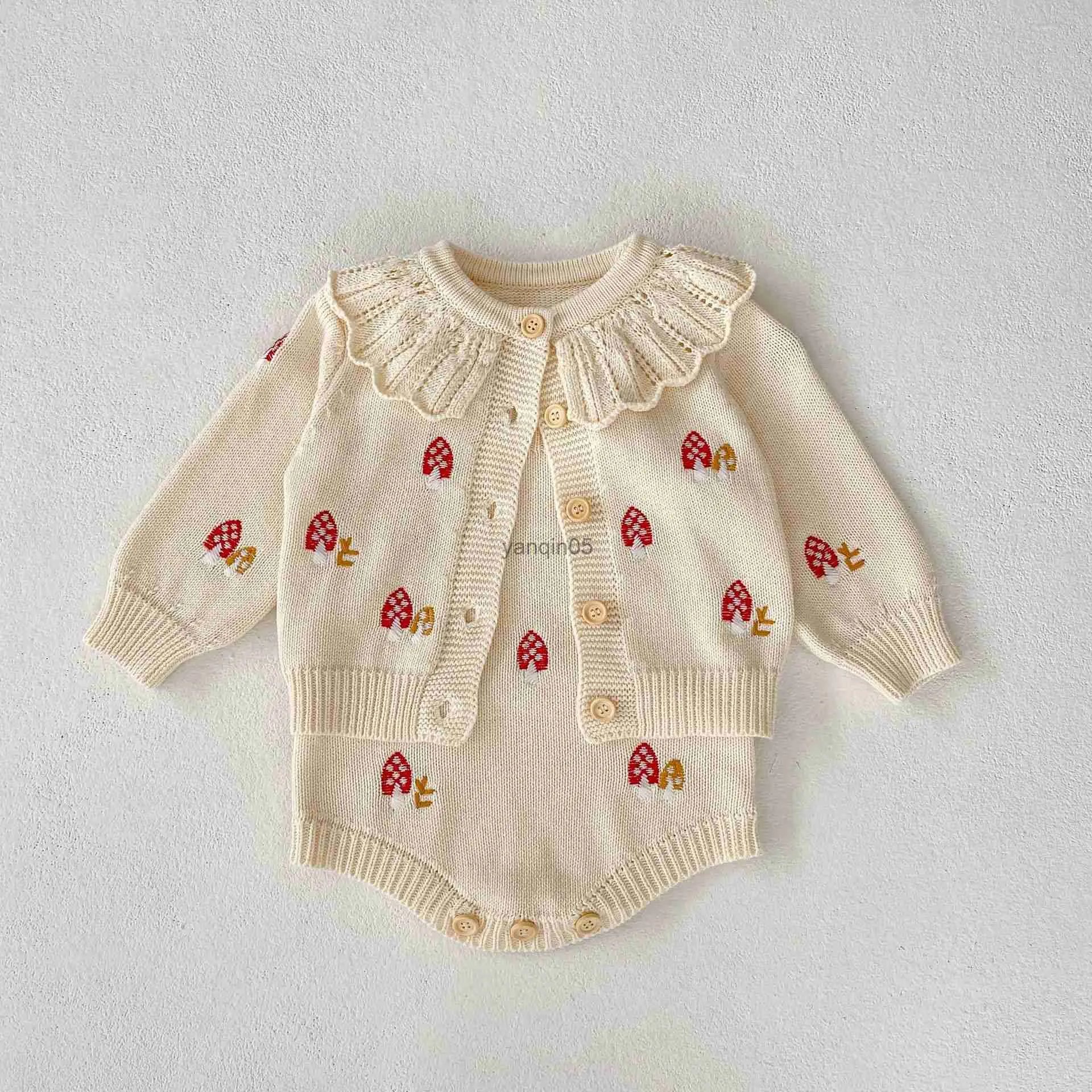 Pullover 2023 Herbst Infant Mädchen Baby Lotus Kragen Stickerei Pilz Pullover Junge Kinder Gestrickte Strickjacke Tops Mantel Kind Baumwolle Jacke HKD230719