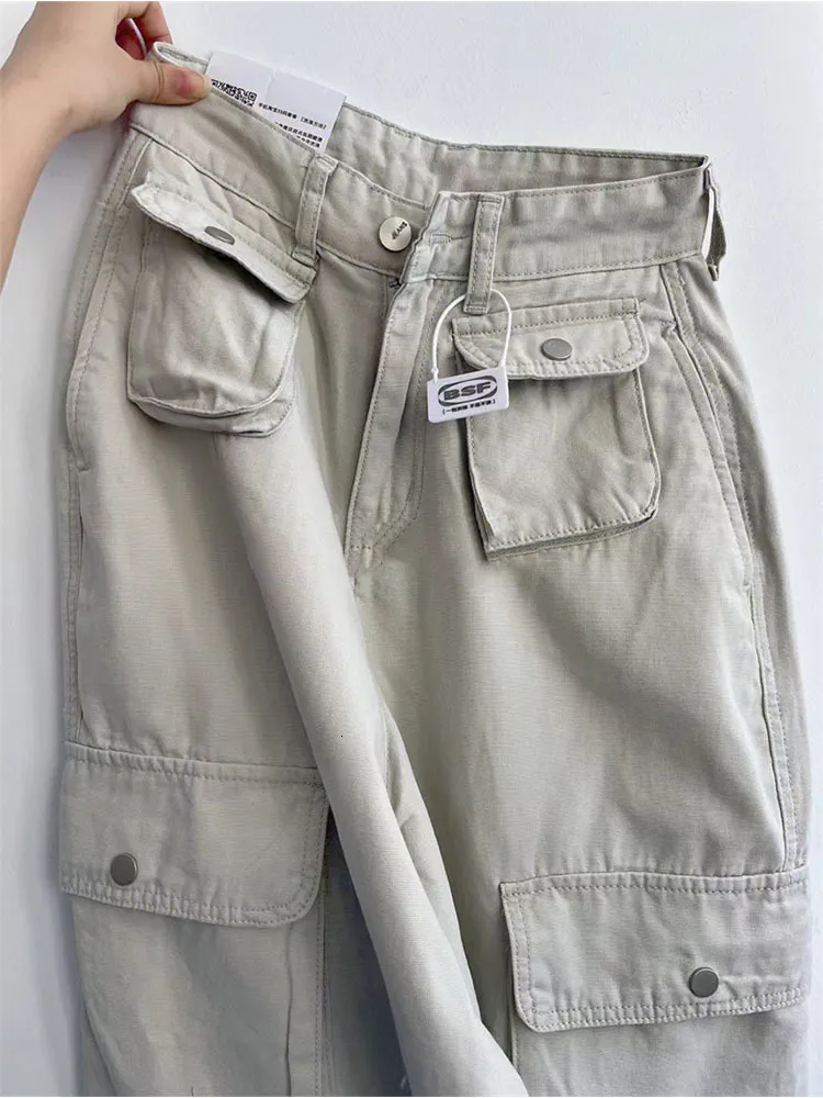 Jeans Feminino Vintage Moda Feminina Branco Cintura Alta Casual Solto Omighty Calça Cargo com Bolso de Perna Larga Macacões Sólidos Calças 230719