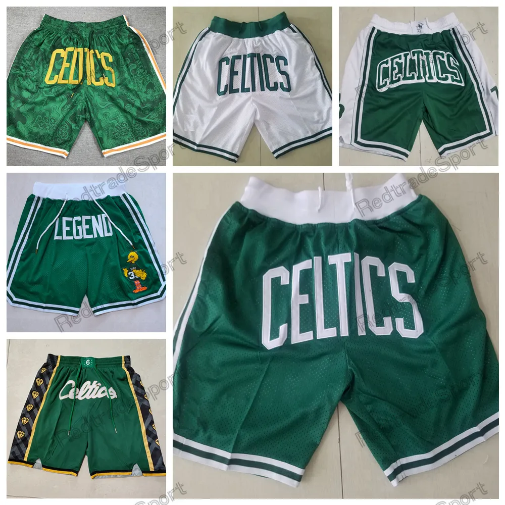 Vintage Grün Just Don mit Taschen Retro 2008 Weiße Herren-Reißverschluss-kurze genähte Team-Basketball-Shorts S-XXL