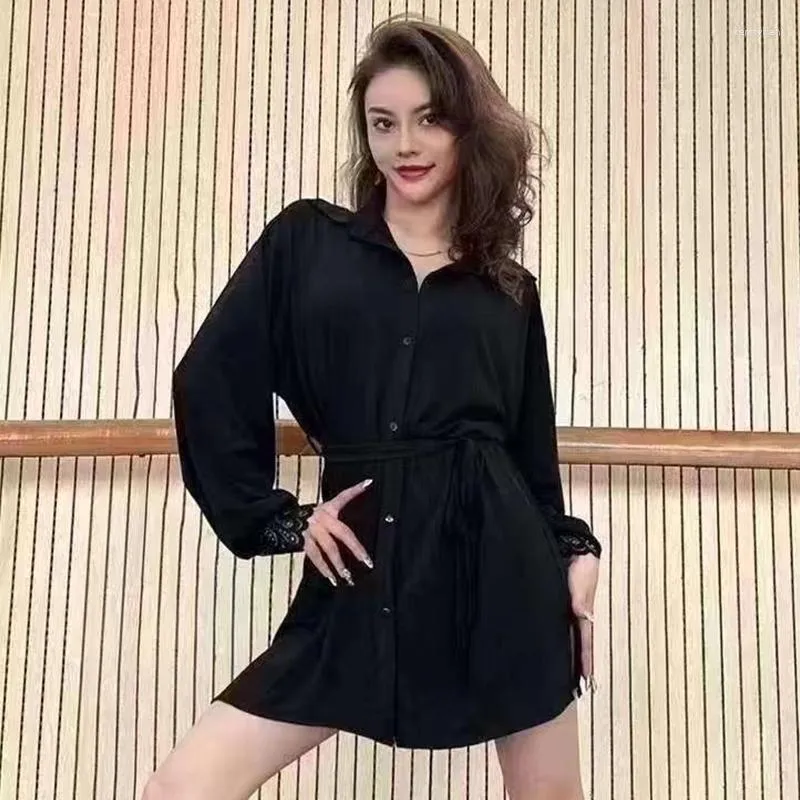 Scene Wear Women Latin Dance Shirt Black Lace Long Sleeves Loose Practice Clothing Rumba Samba Tango Dress Ballroom Topps DNV17913