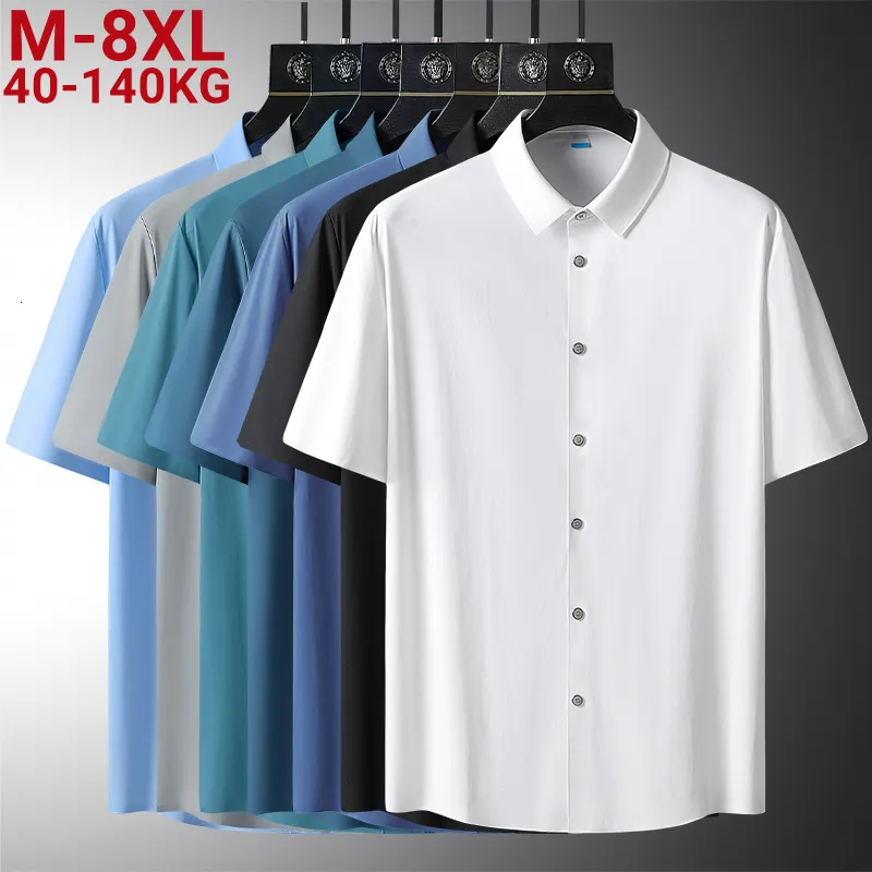 Chemises décontractées pour hommes grand 8XL été solide à manches courtes lâche élastique noir et blanc chemise en soie à séchage rapide 230718