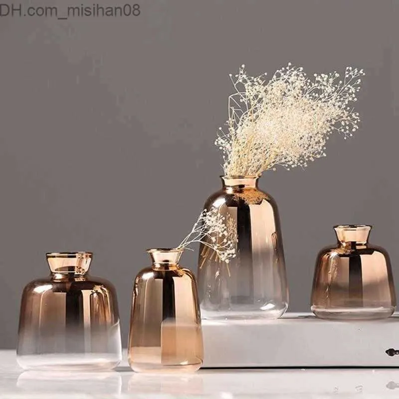 花瓶の花瓶グラディエントガラスの花瓶自宅の装飾用の金の花の花ドライボトルバーレストラン2021 Z230719