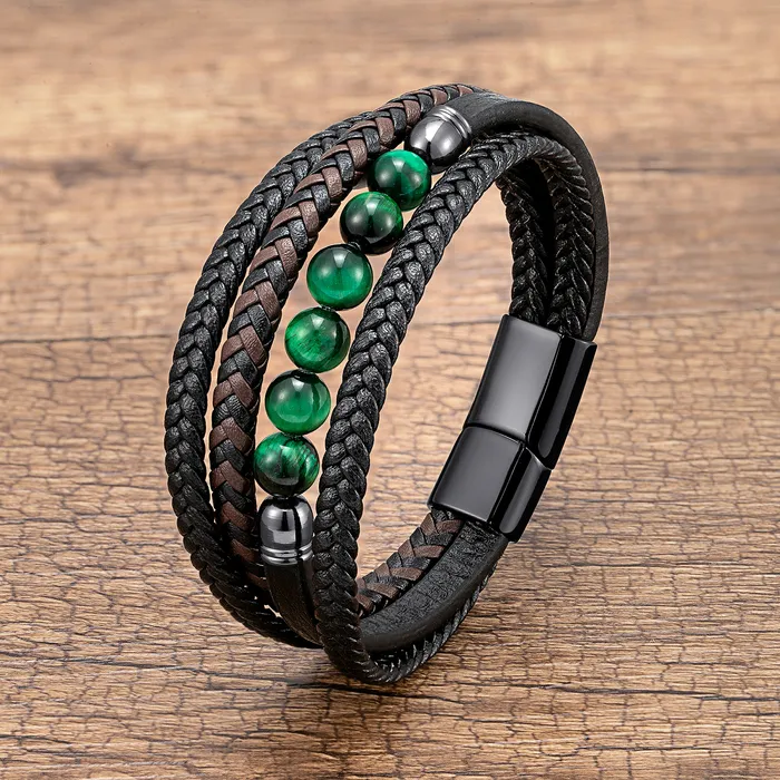 Bangle Natural Round Lava Stone Pärled Charm Armband Men Multilayer Woven Leather Armband Fashion Tiger Eye Jewets Pojkvän gåva 230718