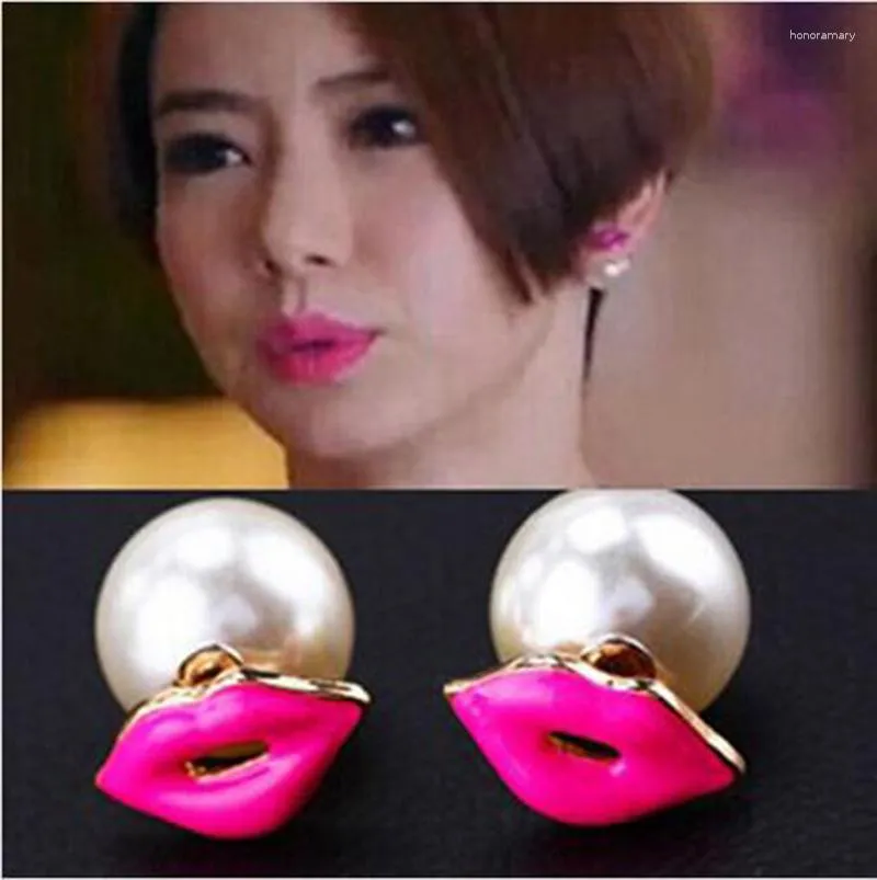 Stud Earrings Korean Double-sided Pearl Red Lips Sweet Fashionable Temperament Ear Studs Front Rear Ornaments Female