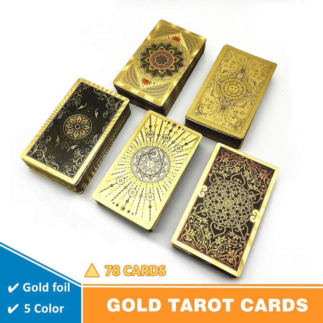 Jogos ao ar livre Atividades Cartas de Tarô Folha de Ouro Ouro Plástico Adivinhação 1 Deck 78 Cards Deck Witch Board Game With Guide Book L752 230718