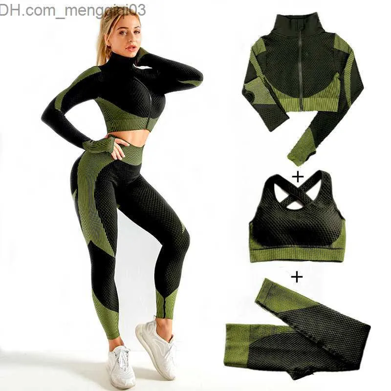 Survêtements pour femmes Combinaison de yoga sans couture pour femmes Survêtement à glissière pour femmes 2PC / 3PC Manches longues + Soutien-gorge de sport + Combinaison de sport pour les jambes Combinaison de fitness Taille S-XL Z230720