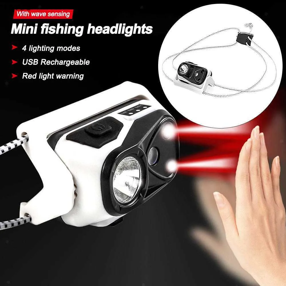 Scheinwerfer Tragbarer Mini-Sensor-Kopflicht USB-aufladbarer D-Scheinwerfer Superhelles rotes Warnlicht Wasserdichte Laternenbeleuchtungslampe HKD230719