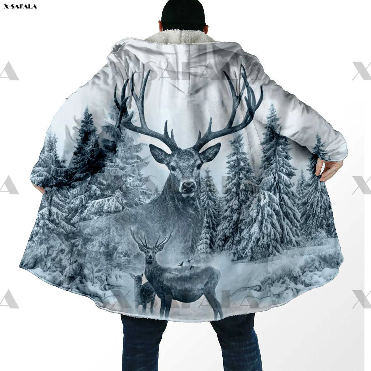 Herr ull blandar Ryssland hjort hutande snö vintertryck hoodie lång päls krage huva filt kappa quiltad vinter varm bomull kashmire fleece hkd230718