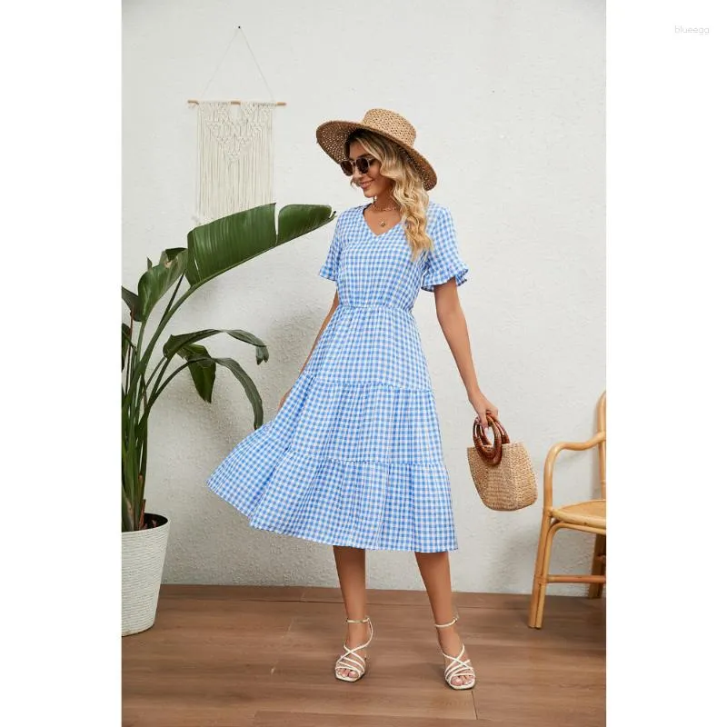 Casual klänningar 2023 veckad band upp kort ärm Square Neck Long Checkered Dress Mini Kjol Summer Women Black