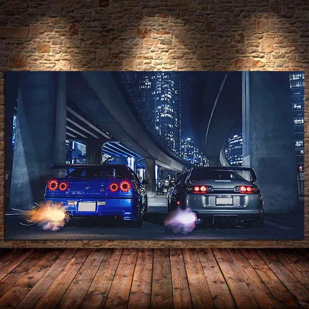 Bilväggkonst bild GTR R34 Modern fordon Canvas målning affisch och tryck för vardagsrum sovrum heminredning w06