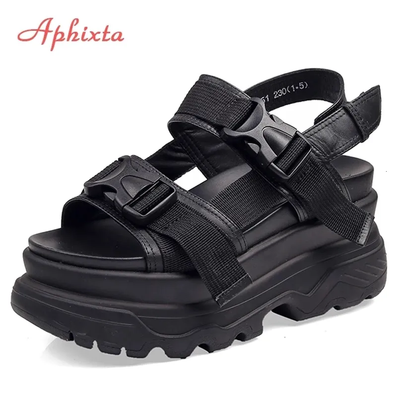 Platform Sandalen Wedge Aphixta CM Hoge hakken schoenen vrouwen Buckle Leather Canvas Summer Zapatos Mujer Wedges Woman Sandal S