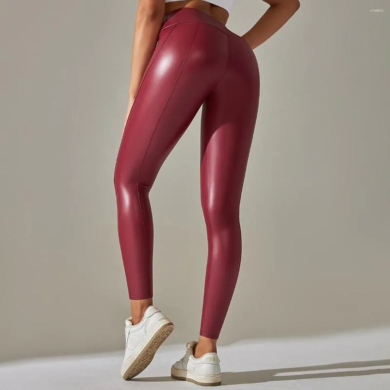 Calças leggings femininas Rooftrelle BuLift couro PU multicoloridas cintura alta elástica sexy justa