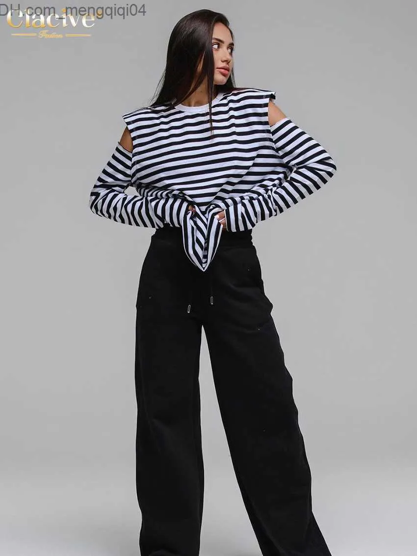 レディースニットティークラシブファッションブラックストライプレディースTシャツ2023エレガントでユニークなOネック長袖Tシャツ女性用衣料品服Z230719