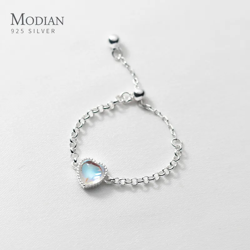 MODIAN Nuovo anello da dito regolabile in pietra di luna a cuore naturale in argento sterling 925 per gioielli da donna Anello a catena a maglie eterne