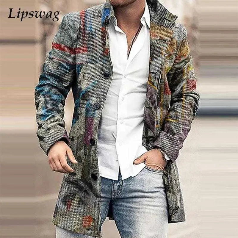 Men's Wool Blends Vintage Pattern Print Thick Fleece Coat For Men Casual Long Sleeve Turn-down Collar Buttoned Trench Mens Fashion Overcoats HKD230718