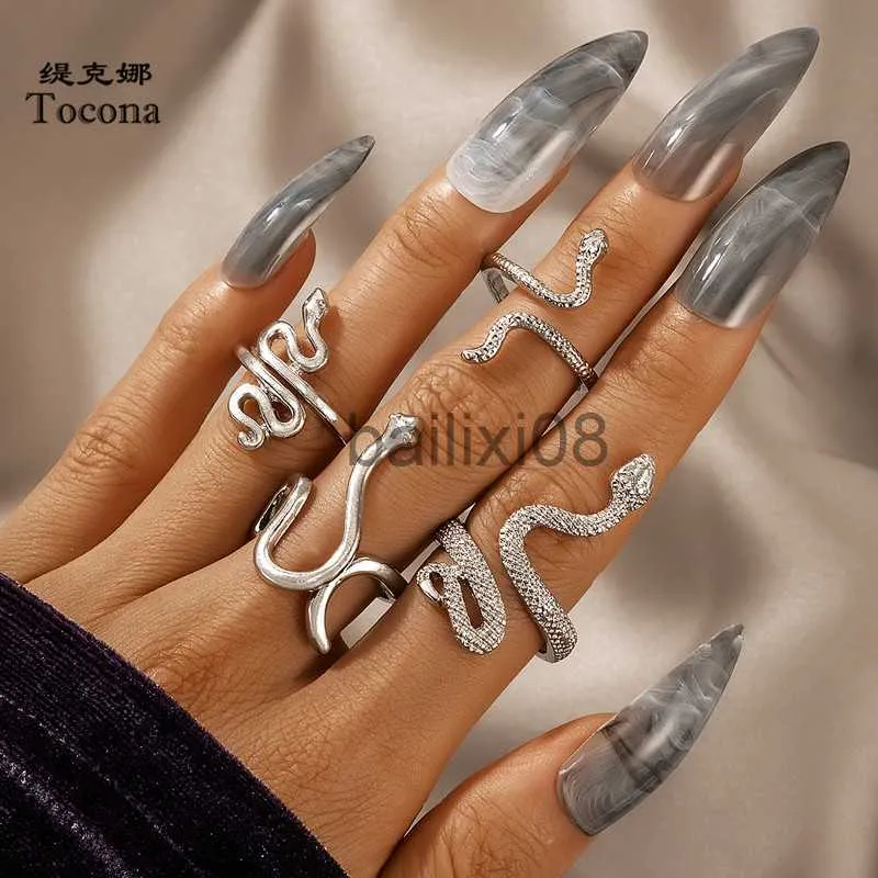 Anéis de banda Tocona Bohemian Snake Ring Sets for Women Men Charms Silver Color Geometry Liga Metal Opening Ring Party Jewelry Anillo 18866 J230719