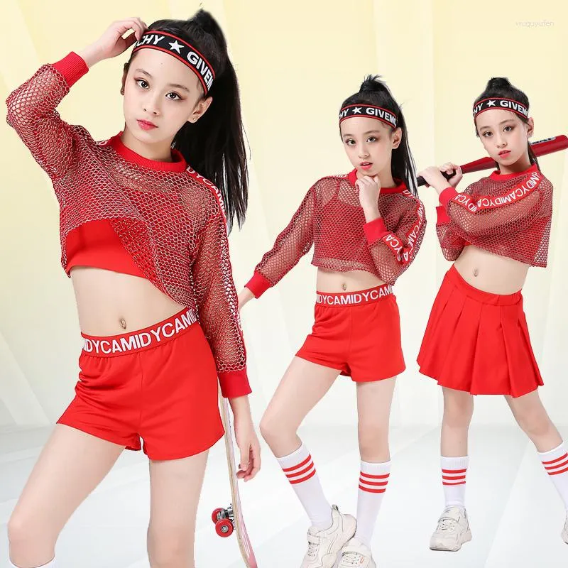 Sahne Giyim 4 PCS Kızlar Kırmızı Serin Balo Salonu Caz Hip Hop Dans Yarışması Kostüm Tank Tops Şort Net Bluz Çocuk Dans Giyim Kıyafetleri