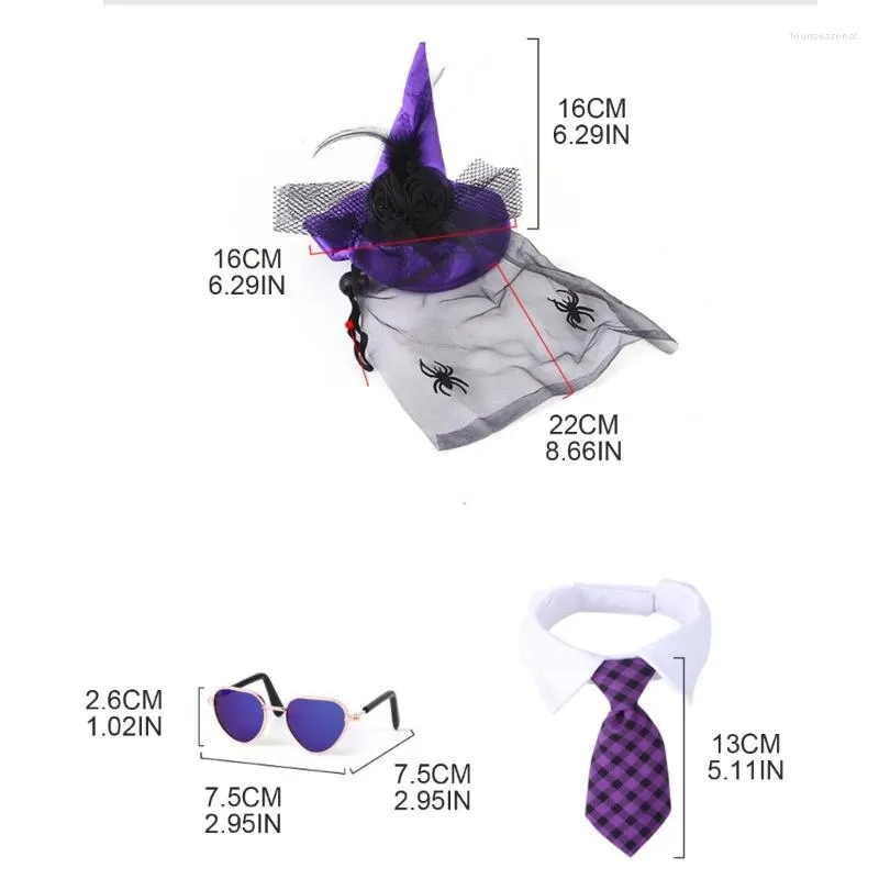 Dog Apparel Pet Cat Halloweens Costume 3Pcs Purple Set Adjustable Witch Hat With Veils Lattices Pattern Necktie Collar & Sunglasses