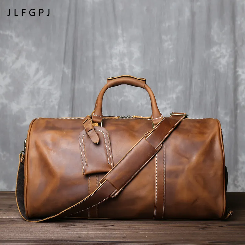 Duffel Bags Retro Male Carry-on Bag Europe och America Crazy Horse Leather Travel Bag Layer Cowhide stor kapacitet Enkel axelväska 230718